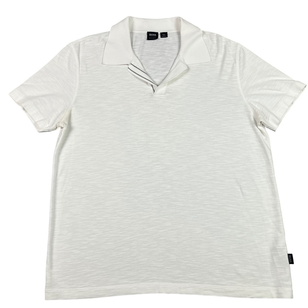 Hugo Boss Mens White Slub Knit Polo Shirt Regular Fit XL Short Sleeve V-Neck EUC